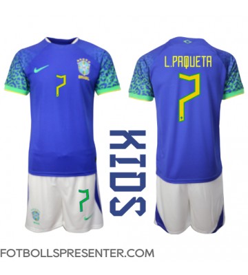 Brasilien Lucas Paqueta #7 Bortatröja Barn VM 2022 Kortärmad (+ korta byxor)